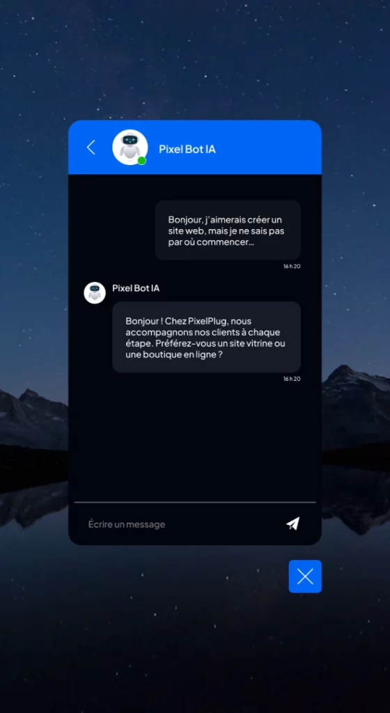 Illustration d’un chatbot intelligent en interaction avec un prospect, réalisée par Pixel Plug pour illustrer l’automatisation et la personnalisation des échanges grâce à l’IA