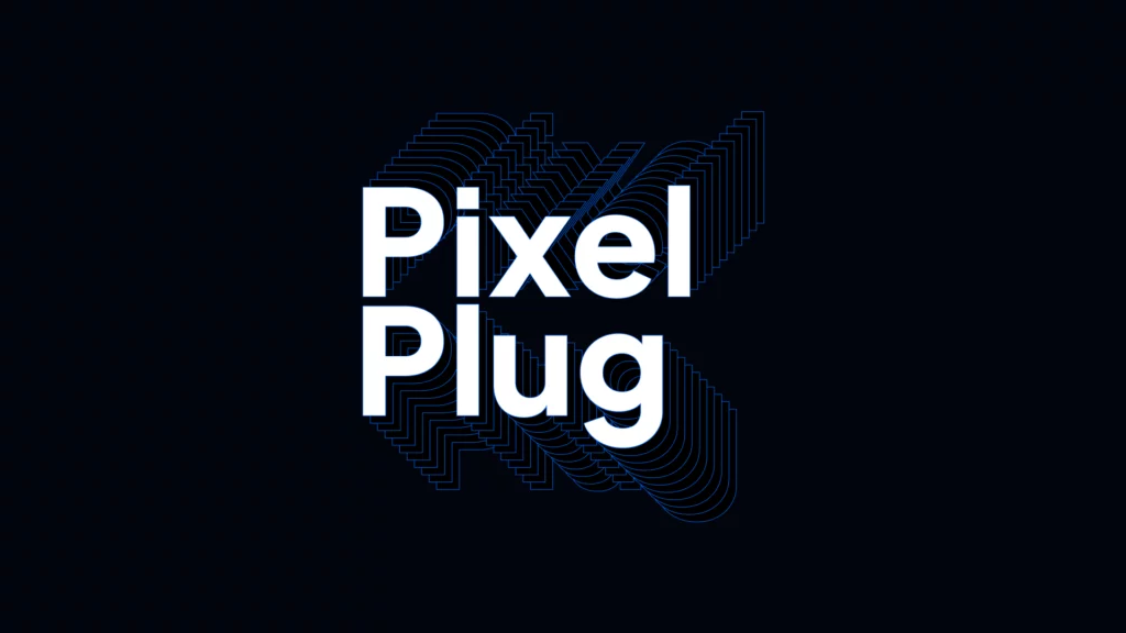 Typographie cinétique et expérimentale du mot "Pixel Plug" avec un effet psychédélique, illustrant les nouvelles tendances créatives du web design.