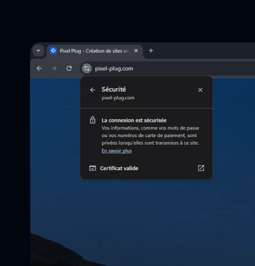 Zoom sur le cadenas SSL dans la barre d’adresse d’un site conçu par Pixel Plug, illustrant la sécurité des connexions et le chiffrement des données.