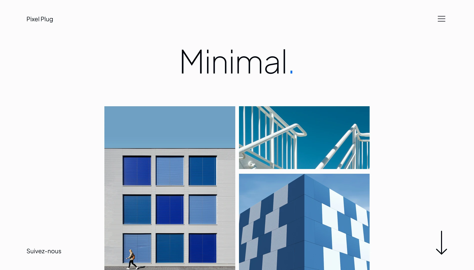 Page web au design minimaliste mettant en avant une esthétique épurée avec des images architecturales aux tons bleus et blancs, reflétant un style moderne et structuré.