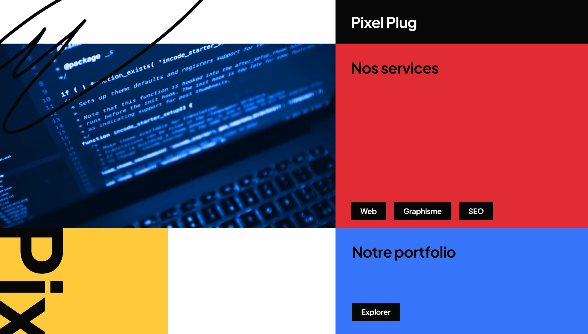 Page d’accueil de Pixel Plug avec un design coloré et moderne, mettant en avant les services de développement web, graphisme et SEO, ainsi qu’un accès au portfolio.