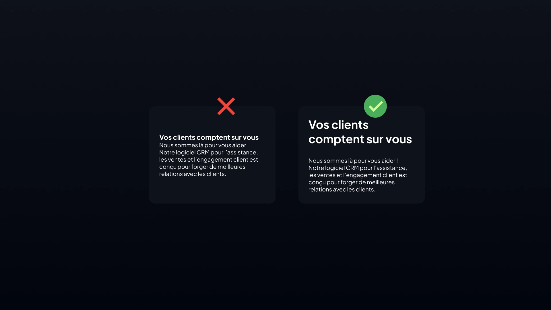 Comparaison de deux blocs de texte avec une version moins lisible et une version optimisée, illustrant l’importance du contraste et de la hiérarchie visuelle pour une meilleure expérience utilisateur.