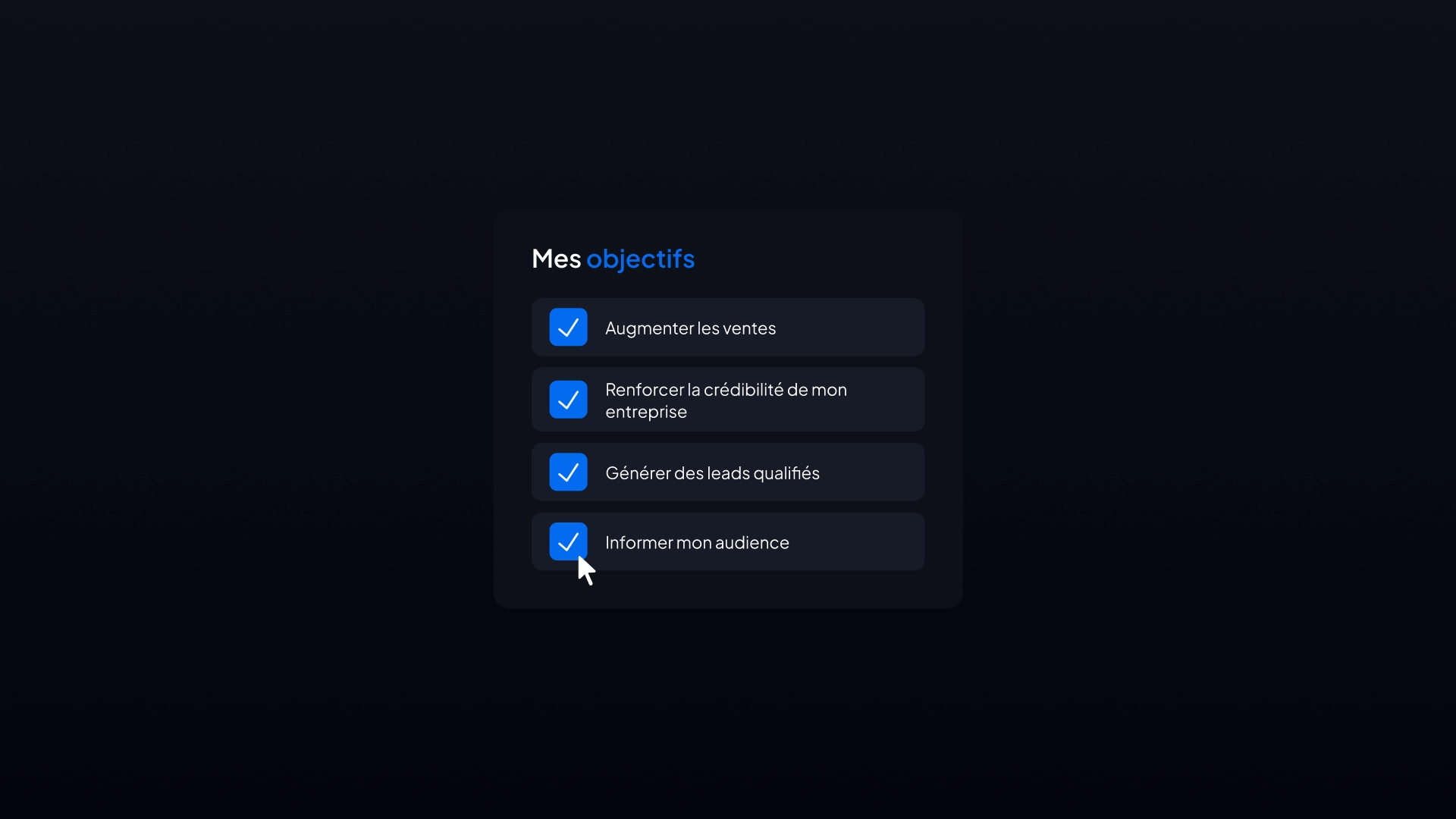 Interface utilisateur affichant une liste d’objectifs marketing avec des cases cochées, incluant l’augmentation des ventes, la crédibilité d’entreprise et la génération de leads qualifiés.