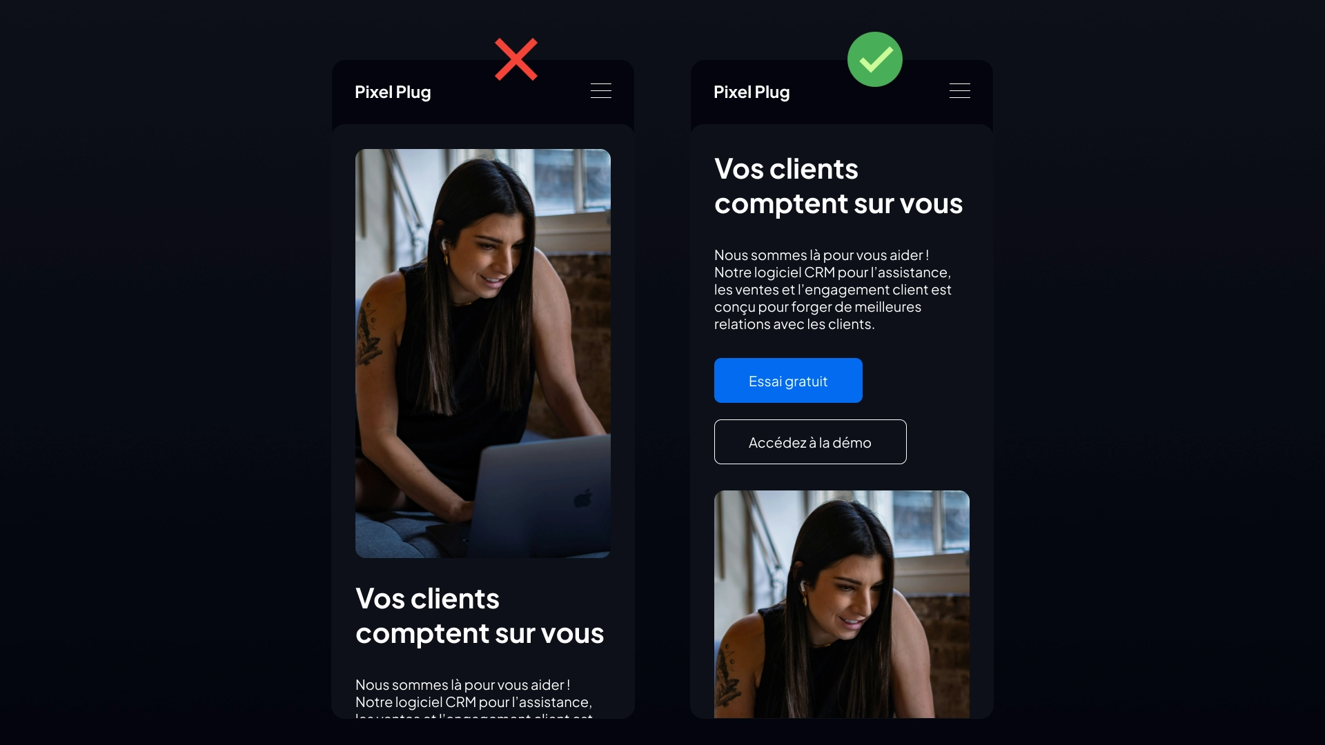 Comparaison de deux versions d’une interface mobile : une version non optimisée avec une image trop imposante et une version améliorée avec un texte mis en avant et des boutons d’appel à l’action clairs.