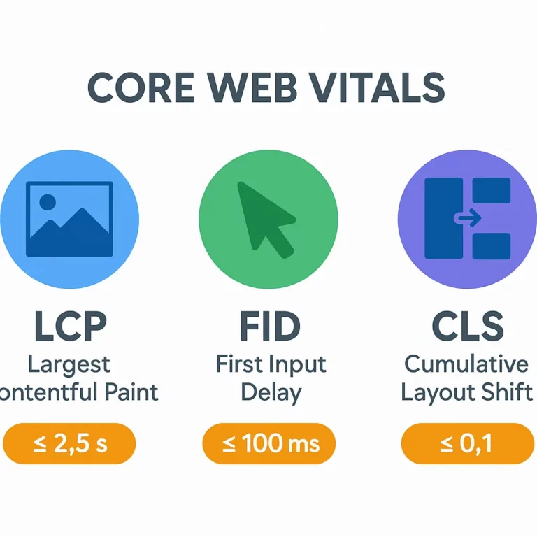 Illustration des trois indicateurs Core Web Vitals : LCP, FID et CLS, avec leurs seuils de performance recommandés.