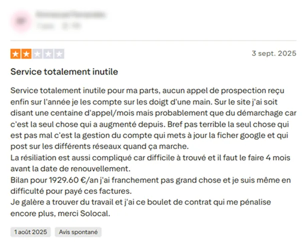 Avis client négatif sur Solocal en 2025