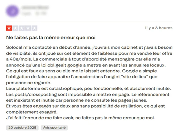 Avis client détaillé critiquant les pratiques commerciales de Solocal en 2025
