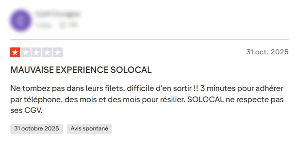 Avis client négatif sur Solocal évoquant une adhésion rapide mais une résiliation difficile