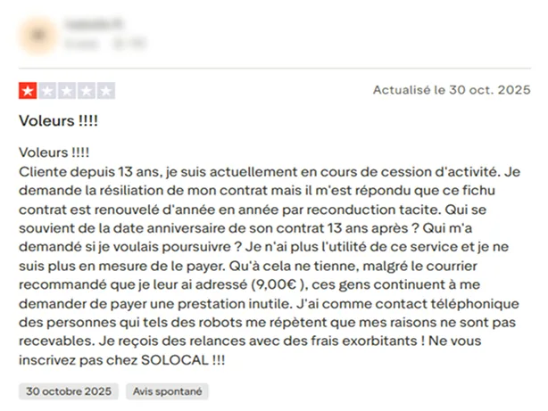 Avis client Solocal dénonçant un renouvellement automatique et des difficultés de résiliation