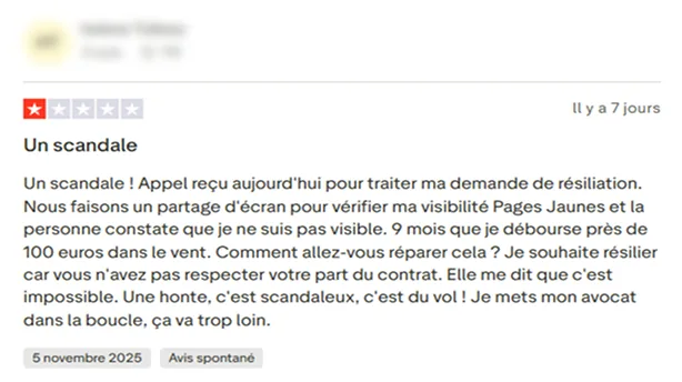 Avis client négatif sur Solocal dénonçant un manque de visibilité et des difficultés de résiliation